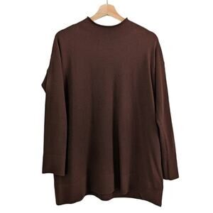 Eileen Fisher Luxe Merino Wool Tunic Sweater Funnel Neck, Brownstone, Size XS